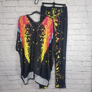 Casual Bright Graphic Splatter Print Kaftan Style Split Tunic & Pant 2 P…
